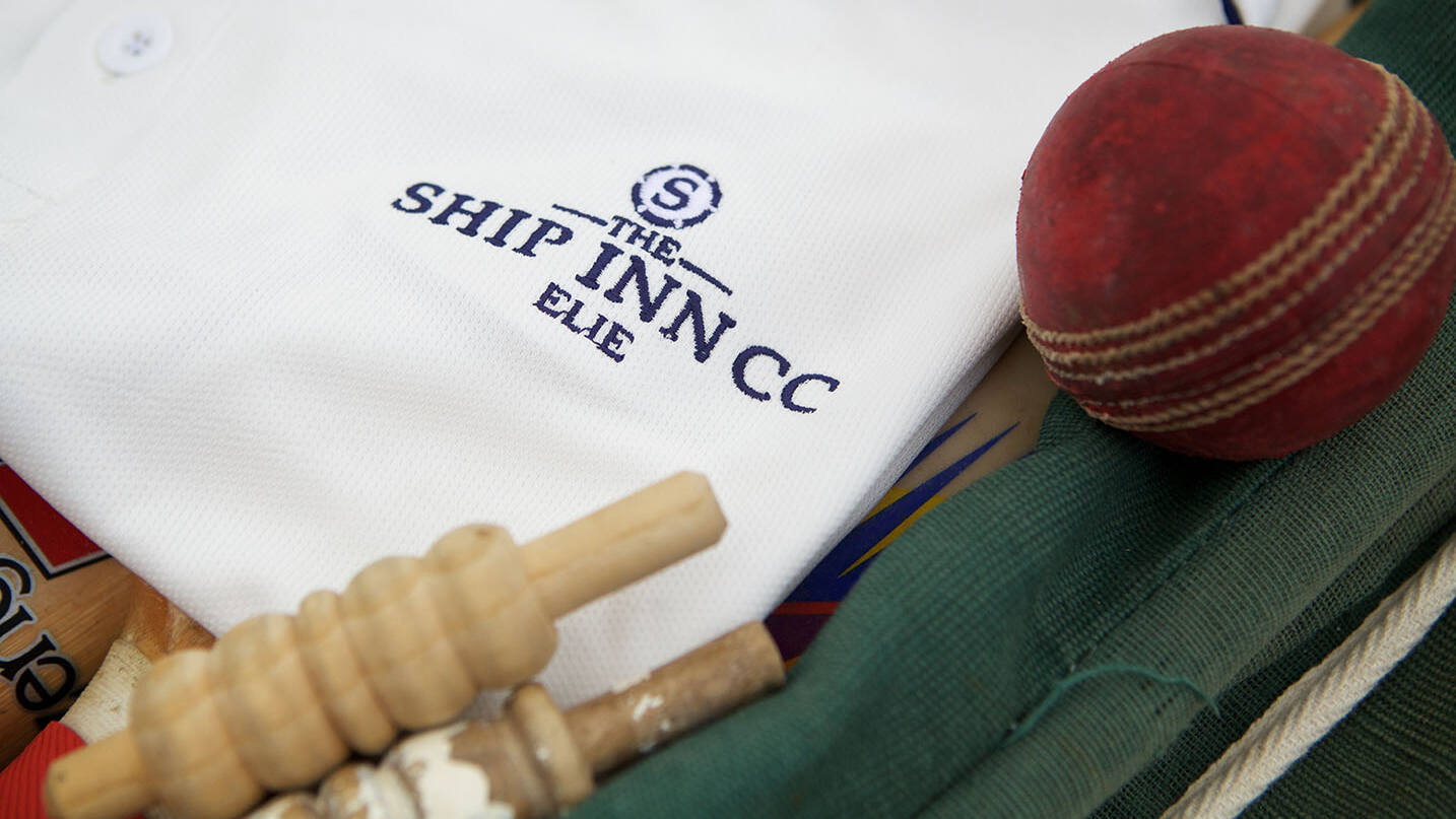 Cricket whites, stumps and ball of The Ship Inn, Elie cricket team